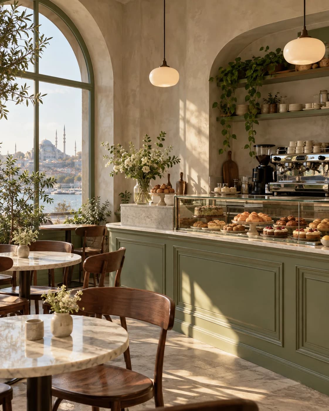 Adaçayı tonlarında kahve ve patisserie atmosferi — temsili görsel